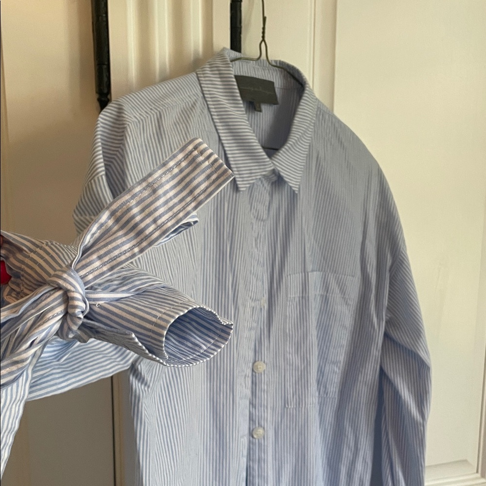 Anthropologie Blue Striped Button Down Dress with Bow detail